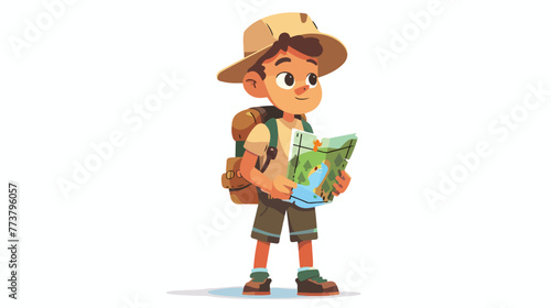 Cartoon hiker boy holding a map flat vector isolated o
