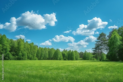 Green meadow with blue sky and white clouds, Nature background