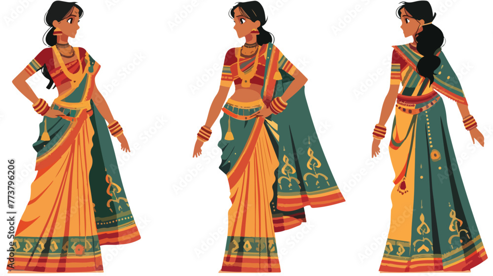 Cartoon Indian woman in traditional clothes flat vector