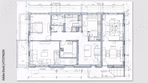 Overhead shot of a very detailed house blueprint, house plan with all elements present 