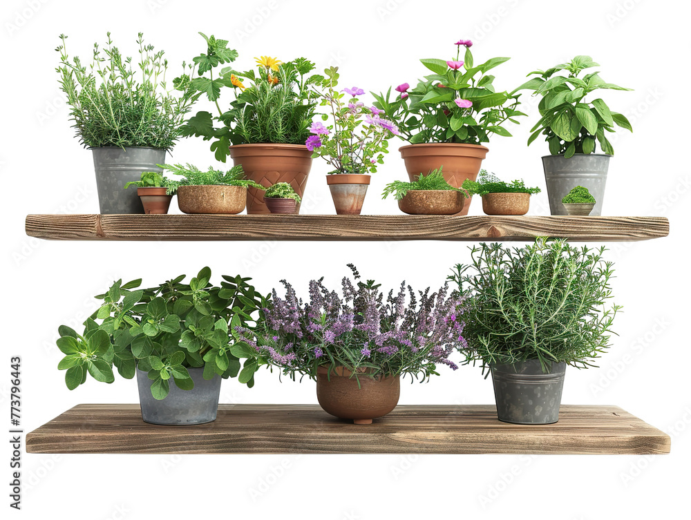  tiered gardening shelf with potted herbs and flowers, isolated on a white background 