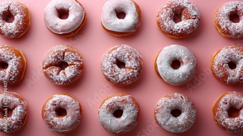 An array of frosted doughnuts with various toppings arranged neatly on a soft pink surface, creating a tempting display..