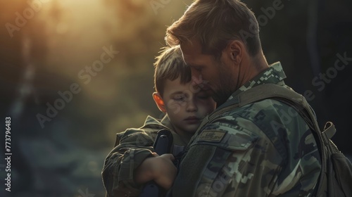 Military man father hugs son. Portrait of happy family. Focus on father back.