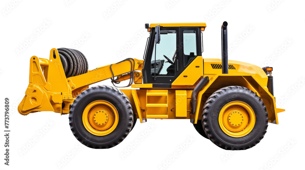 A large yellow construction vehicle on a white background, ready for action A large yellow construction vehicle on a white background, ready for action
