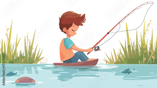 Cartoon little boy fishing on the lake flat vector  © RedFish