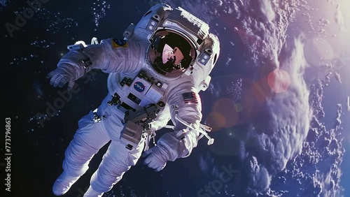 An astronaut who goes on a spacewalk wears a full space suit. Background of planet earth surrounded by stars. International Day of Human Space Flight concept. 4K Videos
