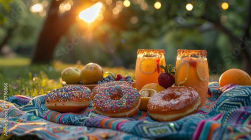 Sunset picnic scene with freshly squeezed orange juice garnished with a strawberry, colorful donuts, and ripe fruits on a vibrant patterned blanket in a lush orchard.
