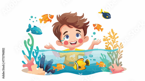 Cartoon little boy in underwater with fish flat vector