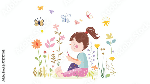 Cartoon little girl drawing butterfly and flowers on t