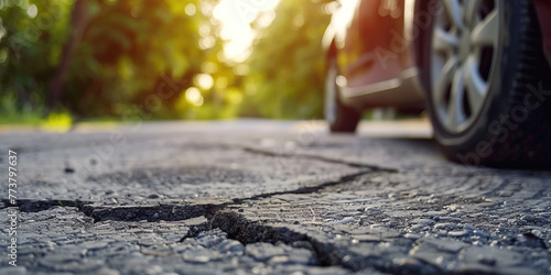 Crack on road with blurred car on background. Poor condition of the road surface. Spring season. Hole in the asphalt, risk of movement by car, bad asphalt, dangerous road, potholes in asphalt. 