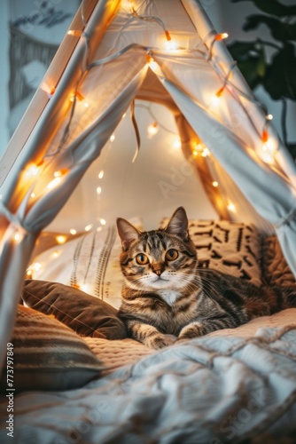 A cozy indoor tent setup for a creative staycation, complete with plush pillows and fairy lights, a cat giving the sideeye photo