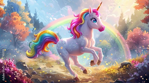 a playful unicorn with a colorful mane cavorting in a mystical forest photo