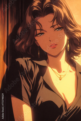 1970’s Anime Woman.  Generated Image.  A digital illustration of a pretty woman in the 1970’s anime cartoon art style.