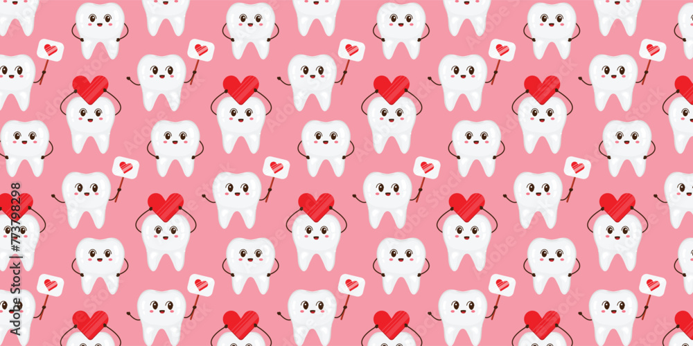 Seamless pattern with cute characters teeth and hearts. Pattern for dentistry. Seamless pattern with cute characters teeth and hearts. Pattern for dentistry.