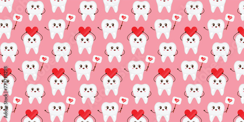Seamless pattern with cute characters teeth and hearts. Pattern for dentistry.