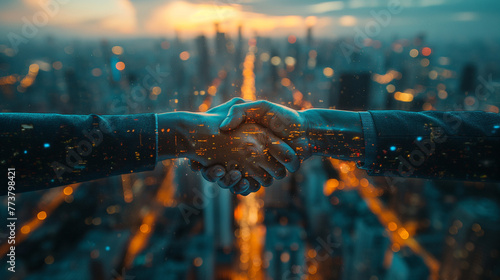 Double exposure of business handshake for successful of investment deal and city night background, teamwork and partnership concept.