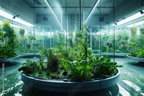 A futuristic science lab specializing in hydroponic ecosystems, where animals thrive in lush, waterbased environments #773798465