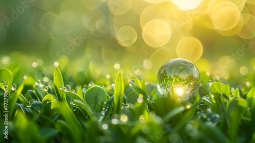 Beautiful green grass with sparkling morning dews under the golden sunlight