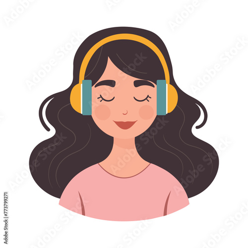 Woman with headphones. Young smiling woman listening to music peacefully with her eyes closed. Vector illustration.