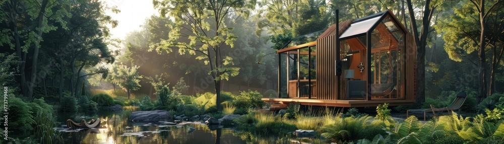 An ecofriendly tiny house surrounded by a rewilded garden, promoting prosocial living and sustainability An ecofriendly tiny house surrounded by a rewilded garden, promoting prosocial living and sustainability