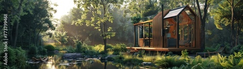 An ecofriendly tiny house surrounded by a rewilded garden, promoting prosocial living and sustainability photo