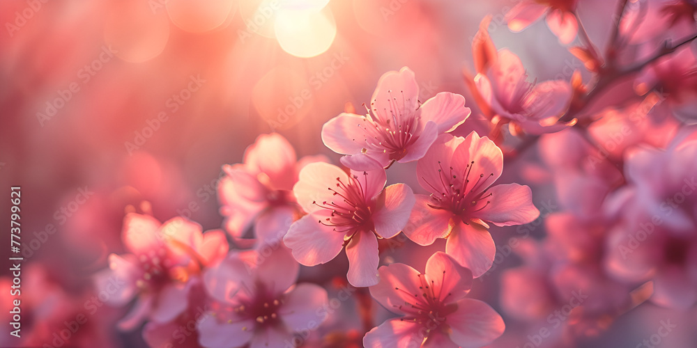 Pink cherry blossoms sakura flowers soft focus wallpaper background, generative ai
