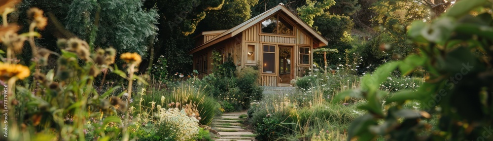 An ecofriendly tiny house surrounded by a rewilded garden, promoting prosocial living and sustainability An ecofriendly tiny house surrounded by a rewilded garden, promoting prosocial living and sustainability