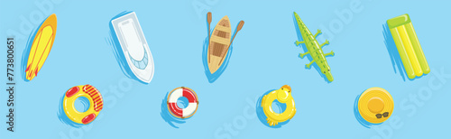 Bright Summer Swimming Object on Blue Water Background Vector Set