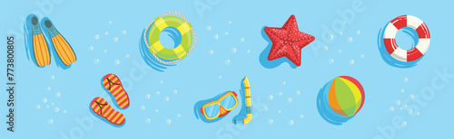 Bright Summer Swimming Object on Blue Water Background Vector Set