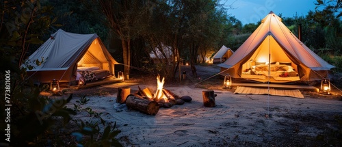 Luxury glamping site under the stars, with cozy, chic tents and a roaring campfire, blending adventure with comfort photo