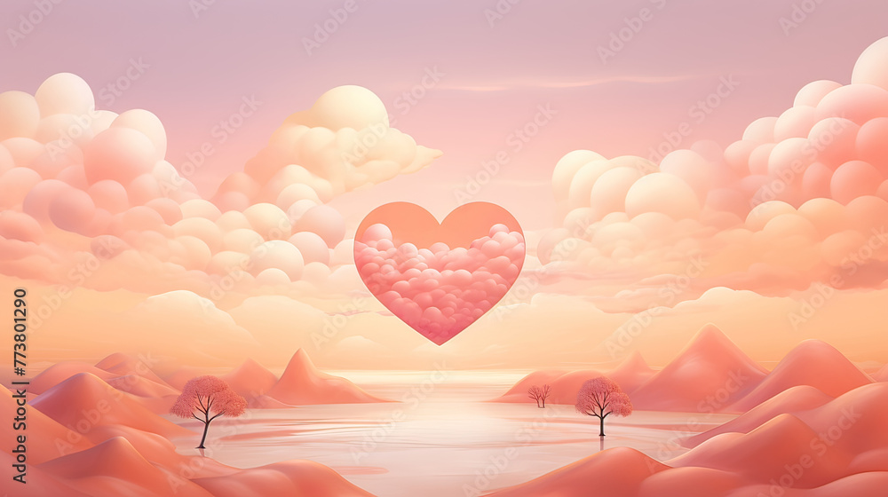 A serene Romantic's scene with clouds forming a heart-shaped frame around the setting sun, in soft pink and orange tones  Ai Generative