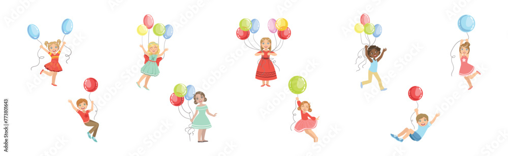 Kid Character with Party Balloon Having Fun Vector Set Kid Character with Party Balloon Having Fun Vector Set