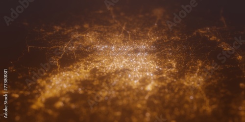 Street lights map of Amman (Jordan) with tilt-shift effect, view from north. Imitation of macro shot with blurred background. 3d render, selective focus