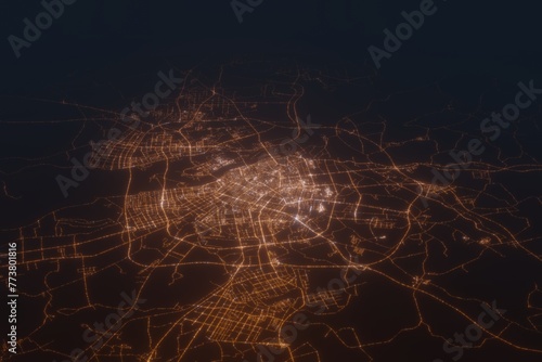 Aerial shot of Harbin (China) at night, view from south. Imitation of satellite view on modern city with street lights and glow effect. 3d render