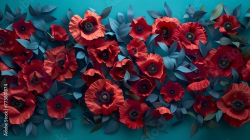 A striking composition of vibrant red poppies with dark centers against a contrasting teal background. © tashechka