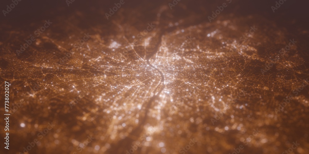 Fototapeta premium Street lights map of Budapest (Hungary) with tilt-shift effect, view from north. Imitation of macro shot with blurred background. 3d render, selective focus