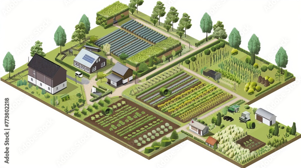 An illustration of a sustainable agriculture farm with crop rotation and composting raw AI generated illustration An illustration of a sustainable agriculture farm with crop rotation and composting raw AI generated illustration