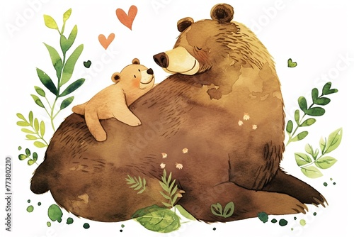 watercolor mother kola bear gives baby kola bear a ride on her back sparkling heart Dark green leaf background, large size, white background