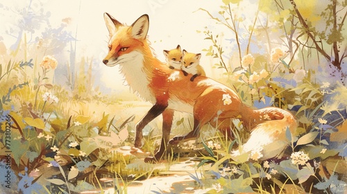 In a serene watercolor scene  a mother fox gently trots through a leafy glade  her kits playfully hitching a ride on her fluffy tail