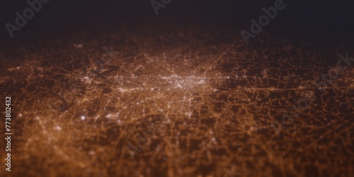 Street lights map of Greensboro (North Carolina, USA) with tilt-shift effect, view from south. Imitation of macro shot with blurred background. 3d render, selective focus