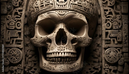A Skull Adorned With Intricate Mayan Glyphs A Rel  2 photo