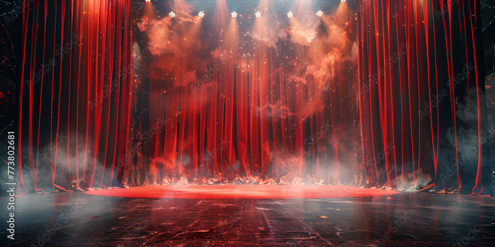Theater stage with red curtains and spotlights. generative ai 