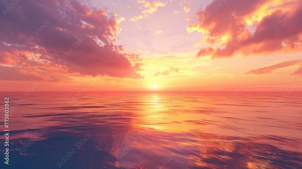 Beachside Sunset A serene depiction of a sunset over the ocean with the sky ablaze in vibrant hues of orange and pink  AI generated illustration