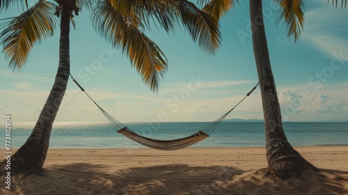 Beachside Hammock Minimalist composition featuring a hammock strung between two palm trees on a sandy beach providing a tranquil backdrop for adding AI generated illustration