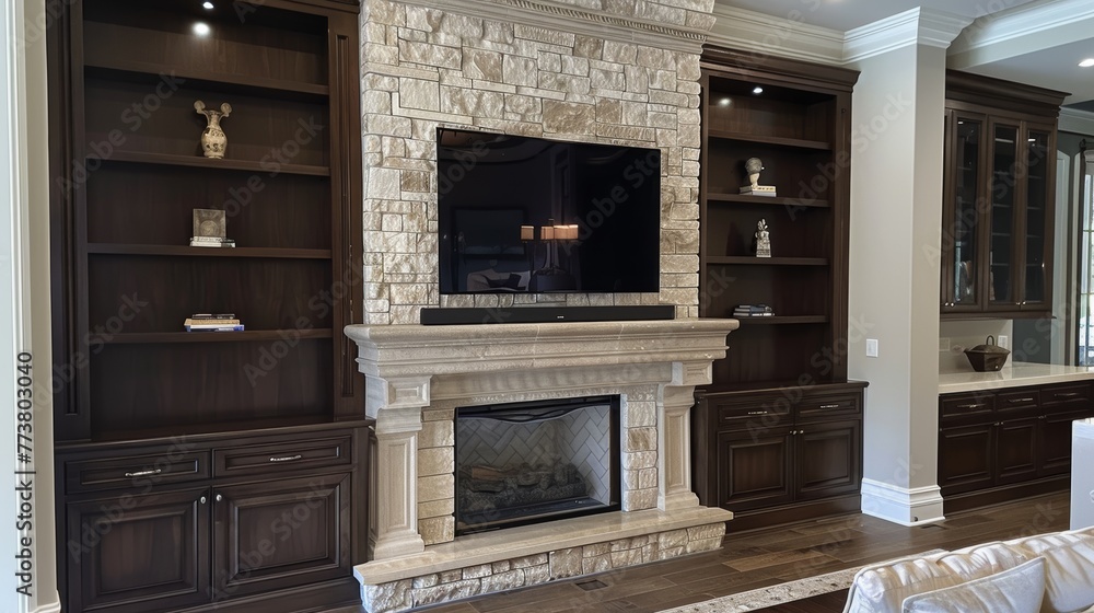 Built-in fireplace with custom mantel AI generated illustration Built-in fireplace with custom mantel AI generated illustration