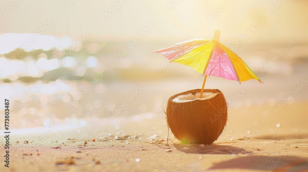 Coconut Drink A simple composition featuring a coconut drink with a colorful umbrella against a backdrop of sandy beach AI generated illustration Coconut Drink A simple composition featuring a coconut drink with a colorful umbrella against a backdrop of sandy beach AI generated illustration