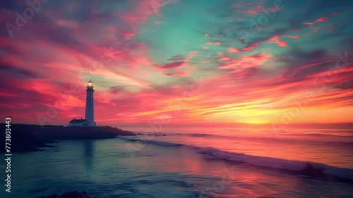 Coastal Lighthouse A scenic shot of a coastal lighthouse against a colorful sunset sky offering a serene backdrop for adding text AI generated illustration