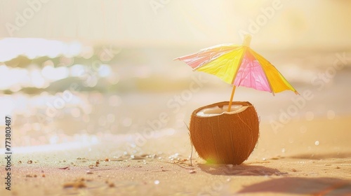 Coconut Drink A simple composition featuring a coconut drink with a colorful umbrella against a backdrop of sandy beach AI generated illustration