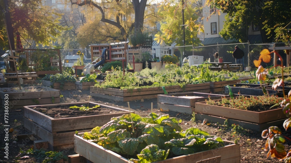Obraz premium Community Garden A peaceful community garden plot with raised beds and communal spaces illuminated by natural light AI generated illustration