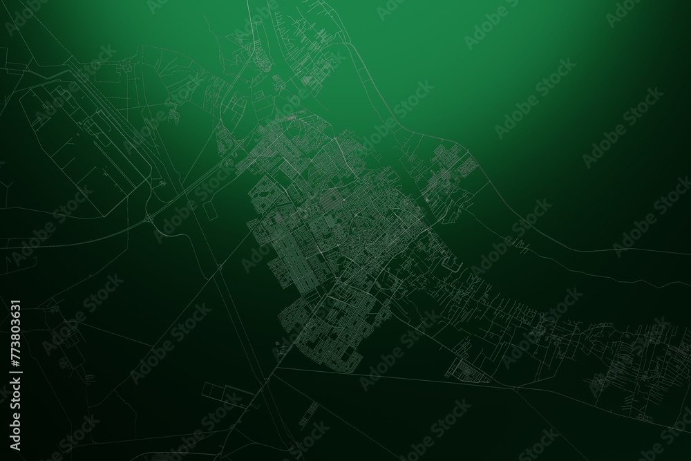 Street map of Basra (Iraq) engraved on green metal background. Light is coming from top. 3d render, illustration - obrazy, fototapety, plakaty 